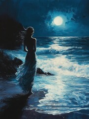 Fototapeta premium Ephemeral Serenity: A Seaside Silhouette Gazing at the Moonlit Ocean's Embrace