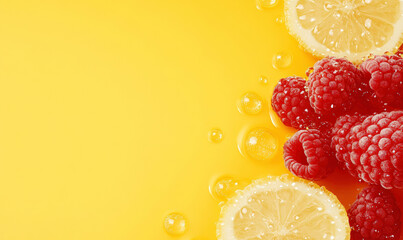 Fresh raspberry and lemon slices on yellow background with bubbles, vibrant fruit composition for healthy eating and summer themes