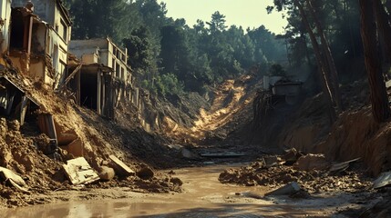 The destructive scene of mudslides wreaking havoc on mountain slopes