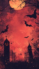 Halloween background showing bats flying over scary church at sunset
