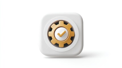 White square icon, gold gear with checkmark