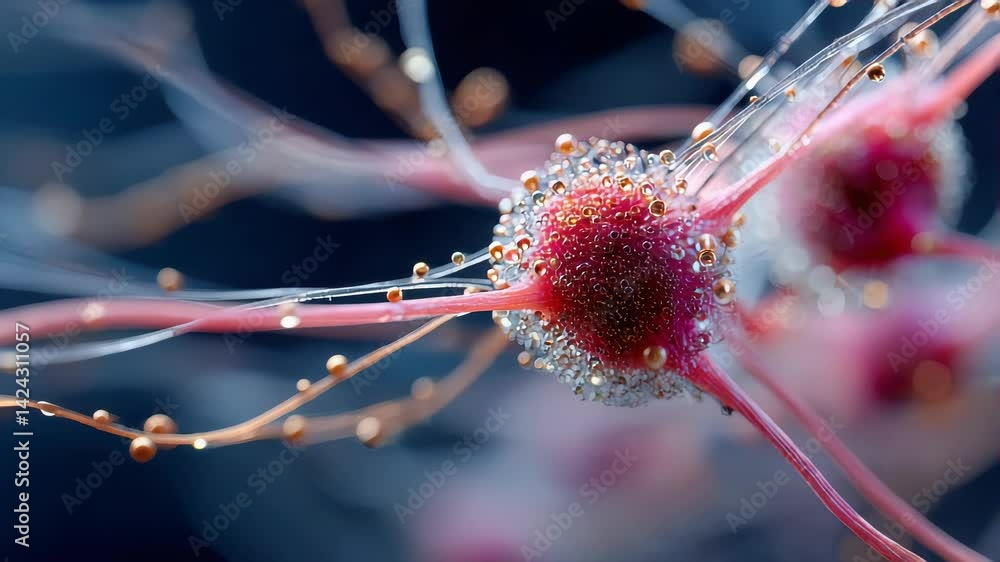 Poster abstract neural structure with glowing filaments and golden particles, visualizing microscopic biolo