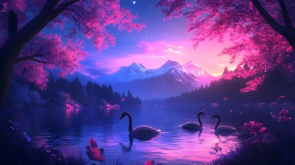 Fototapeta premium Magical twilight lake scene with swans, mountains, and vibrant blossoms.