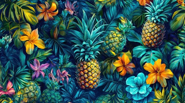 Tropical pineapples, flowers, leaves; vibrant summer background; textile print