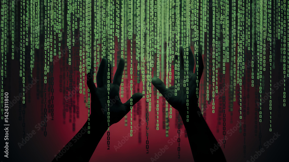 Poster silhouette of hands reaching towards a cascading stream of green binary code on a red background, sy