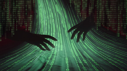 Silhouetted hands interacting with a flowing stream of green binary code, suggesting digital manipulation or data interaction