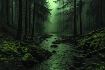 Obraz premium Misty forest river path. Lush green trees and moss-covered rocks line a tranquil stream