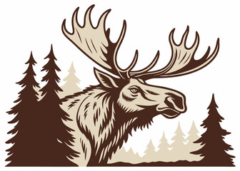 Moose portrait with antlers and coniferous trees in vector illustration