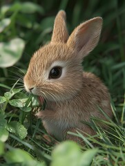 Fototapeta premium A little rabbit gnawing on grass leaves in the sunshine on the grassland