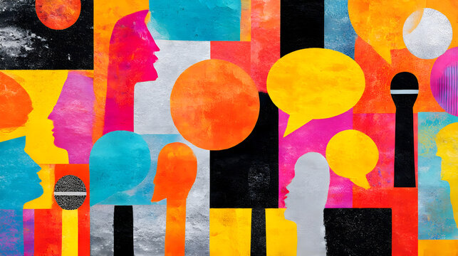 Colorful abstract collage of human profiles and speech bubbles representing communication and expression