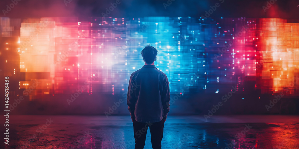 Poster man standing before a vibrant multicolored digital display with a reflective floor in a dark room