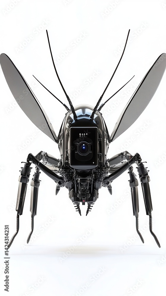 Poster a futuristic insect-like robot with a camera-like head.