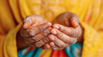 Hands show intricate detailing covered in clay while engaging in pottery making in a colorful community workshop, capturing creativity and tradition