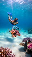 A snorkeler surrounded by beautiful coral, unknowingly close to a venomous lionfish. Beauty meets danger in the sea.
