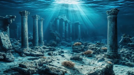 Ancient ruins of classical temple with stone columns and statues submerged underwater. 3D rendered digital illustration of sunken city with architectural relics. Lost civilization and underwater arche