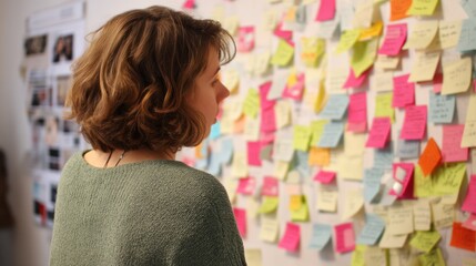 Woman looking at a wall covered in sticky notes