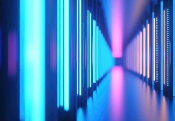 Obraz premium Futuristic data center corridor glowing with vibrant neon blue and magenta lights. Ideal for tech backgrounds, digital ads, and innovation-themed visuals