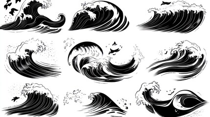 Fototapeta premium Ocean wave illustrations; design elements; sea birds; white background; graphic design