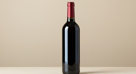Elegant bottle of dark red wine with a red capsule on a light wooden surface. Stock photo for beverages.
