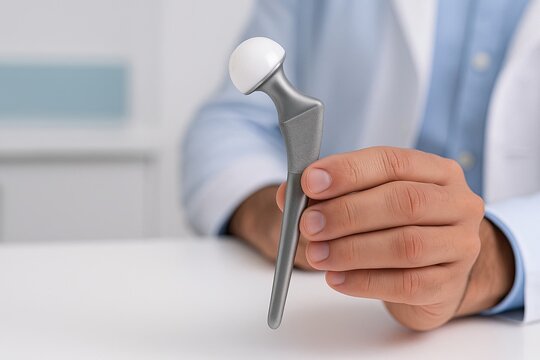 Hemiarthroplasty hip replacement implant held by surgeon's hand