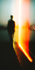 A person walking on a road, with a blur effect, bright colors and an oil painting style.
