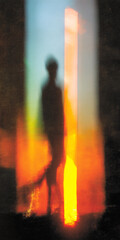 A person walking on a road, with a blur effect, bright colors and an oil painting style.