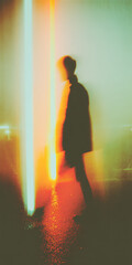 A person walking on a road, with a blur effect, bright colors and an oil painting style.