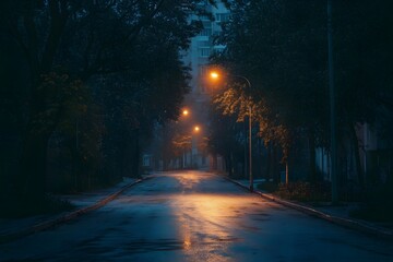 The peaceful street illuminated by streetlights at night
