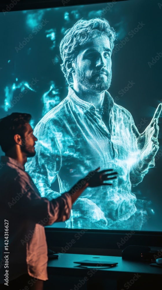 Poster a man interacts with a holographic projection of another man on a large screen.