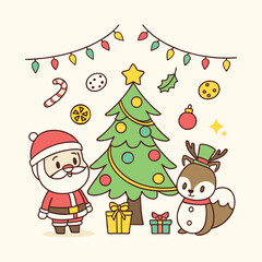 Festive Christmas Illustration with Santa and Elves