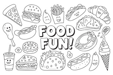 Food flat line art Illustration Icons set, Food Vector outline Clipart. set of fast food line drawing  Illustration bundle	