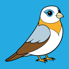 A cute blue cartoon bird vector illustration with a funny beak and feathers sits isolated on a wild nature branch