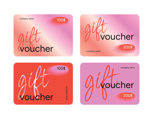 Gift Voucher Card Templates in Pink and Red Tones. Elegant Layout with 100 and 200 Dollar Amounts. Set of Horizontal Certificates for Present or Discount. Vector Illustration.