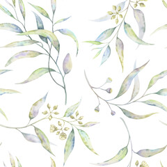 Eucalyptus seamless pattern in watercolor illustrative technique. Hand-drawn motif of blooming eucalyptus branches. Transparent and airy leaves. Perfect for elegant nature-themed projects