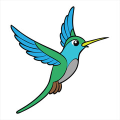 A cute blue bird, a wild animal in flight, showcases its wing against a green nature illustration