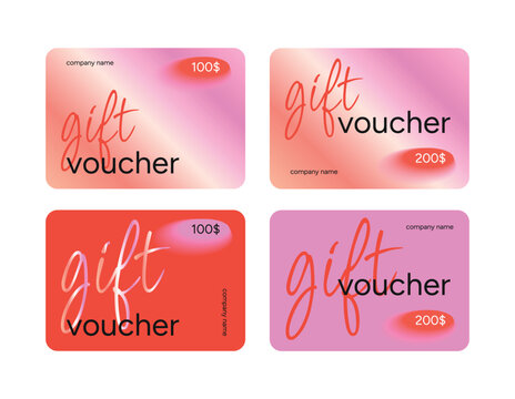Gift Voucher Card Templates in Pink and Red Tones. Elegant Layout with 100 and 200 Dollar Amounts. Set of Horizontal Certificates for Present or Discount. Vector Illustration. - Powered by Adobe
