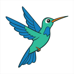 A vibrant vector illustration captures a hummingbird in flight near a tropical flower, alongside a blue bird with a flower, showcasing the beauty of nature's winged animals