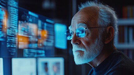 An older man intently focuses on complex digital data displays.