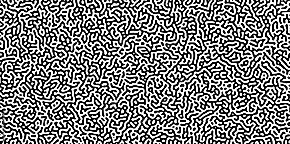Poster Turing reaction diffusion monochrome seamless pattern with chaotic motion .Linear design with biological shapes. Organic lines in memphis. abstract turing organic wallpaper background .	