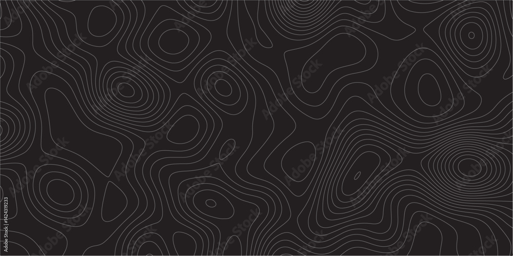 Poster Abstract white on black background Topographic line map pattern. Contour elevation topographic and textured Background Modern design with black background with topographic wavy patted.	