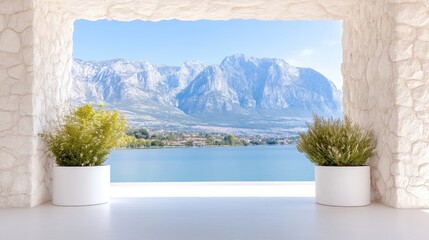 Exterior view of a tranquil lake, mountains, and greenery through a white archway.  Tranquil outdoor space with lush greenery