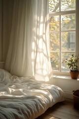 Sunlight shines through the white curtains in the cozy bedroom