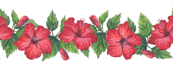 Red hibiscus exotic blossom border in watercolor technique