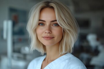 Obraz premium Portrait of smiling female healthcare professional in modern clinic, wearing white uniform, confident and friendly.