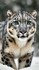 Fototapeta premium A close-up of a snow leopard in a snowy environment, showcasing its distinct spotted fur and striking teal eyes. Snowflakes are falling softly around the animal, enhancing the wintry scene.