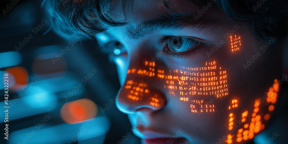 Poster close up of a person's face with digital code projected onto it in a futuristic setting with blue li
