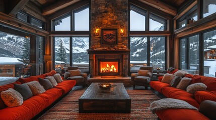 Cozy mountain chalet living room with a fireplace and panoramic views