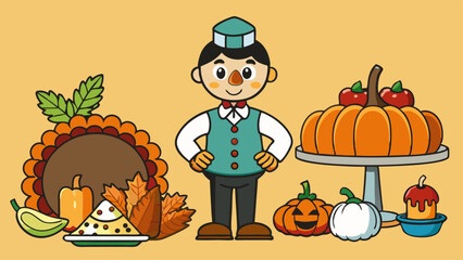 Thanksgiving celebration cartoon character with festive foods and autumn decorations