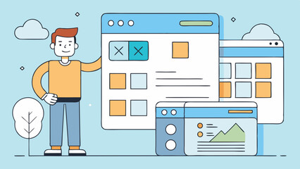 Man presenting website design elements and data analytics illustrations