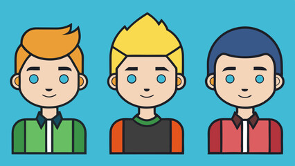 Diverse cartoon boys with different hair colors smiling on a blue background